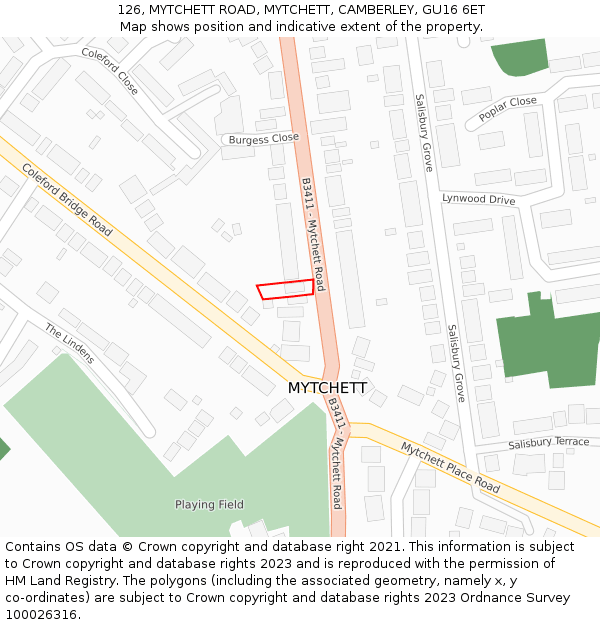 126, MYTCHETT ROAD, MYTCHETT, CAMBERLEY, GU16 6ET: Location map and indicative extent of plot