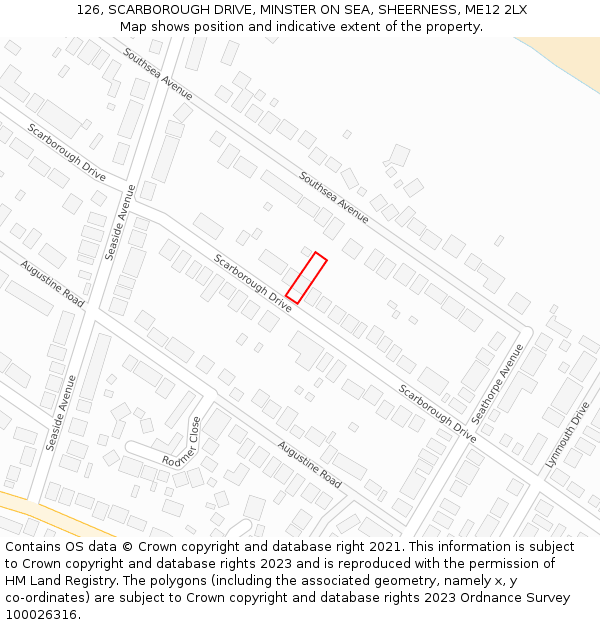 126, SCARBOROUGH DRIVE, MINSTER ON SEA, SHEERNESS, ME12 2LX: Location map and indicative extent of plot