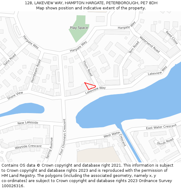 128, LAKEVIEW WAY, HAMPTON HARGATE, PETERBOROUGH, PE7 8DH: Location map and indicative extent of plot