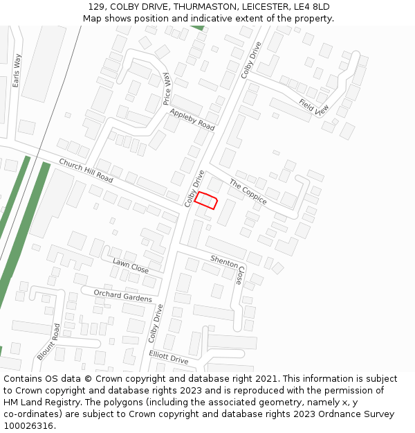 129, COLBY DRIVE, THURMASTON, LEICESTER, LE4 8LD: Location map and indicative extent of plot