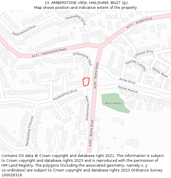 13, AMBERSTONE VIEW, HAILSHAM, BN27 1JU: Location map and indicative extent of plot