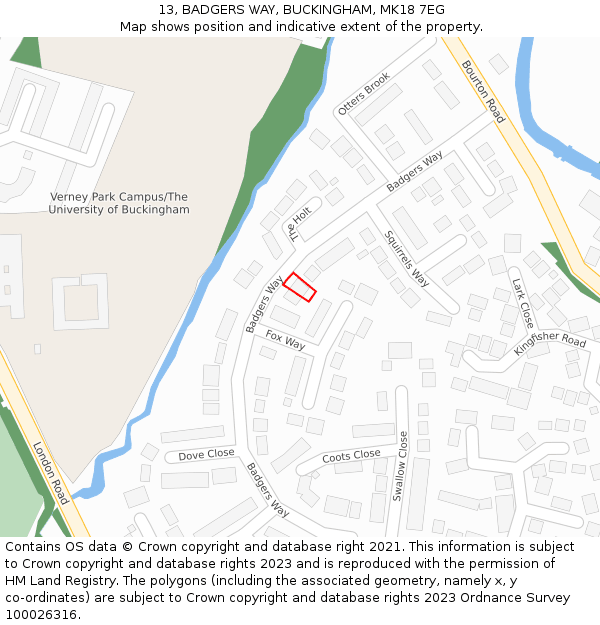 13, BADGERS WAY, BUCKINGHAM, MK18 7EG: Location map and indicative extent of plot