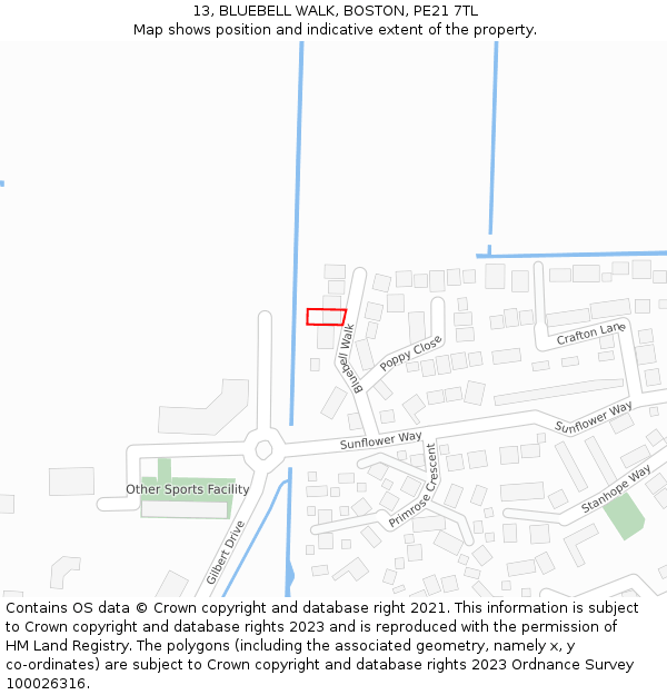 13, BLUEBELL WALK, BOSTON, PE21 7TL: Location map and indicative extent of plot