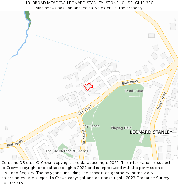 13, BROAD MEADOW, LEONARD STANLEY, STONEHOUSE, GL10 3PG: Location map and indicative extent of plot