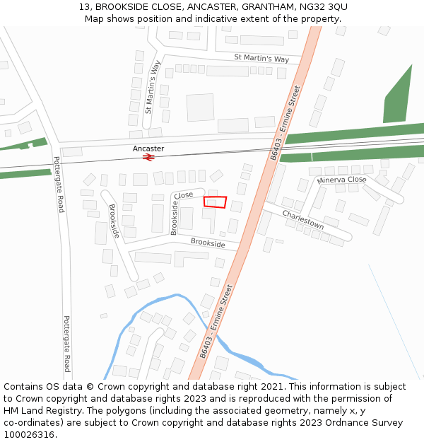 13, BROOKSIDE CLOSE, ANCASTER, GRANTHAM, NG32 3QU: Location map and indicative extent of plot