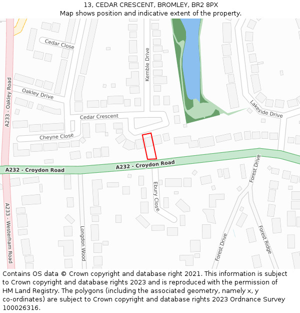 13, CEDAR CRESCENT, BROMLEY, BR2 8PX: Location map and indicative extent of plot