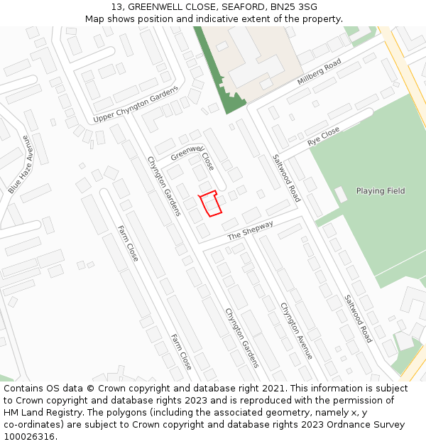 13, GREENWELL CLOSE, SEAFORD, BN25 3SG: Location map and indicative extent of plot