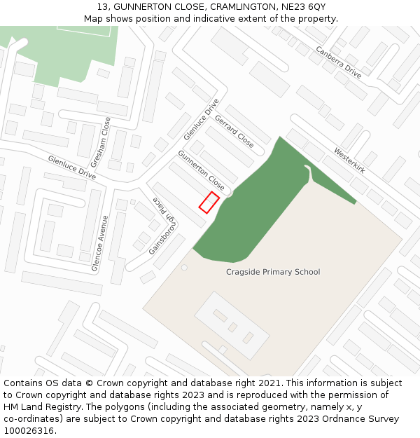 13, GUNNERTON CLOSE, CRAMLINGTON, NE23 6QY: Location map and indicative extent of plot