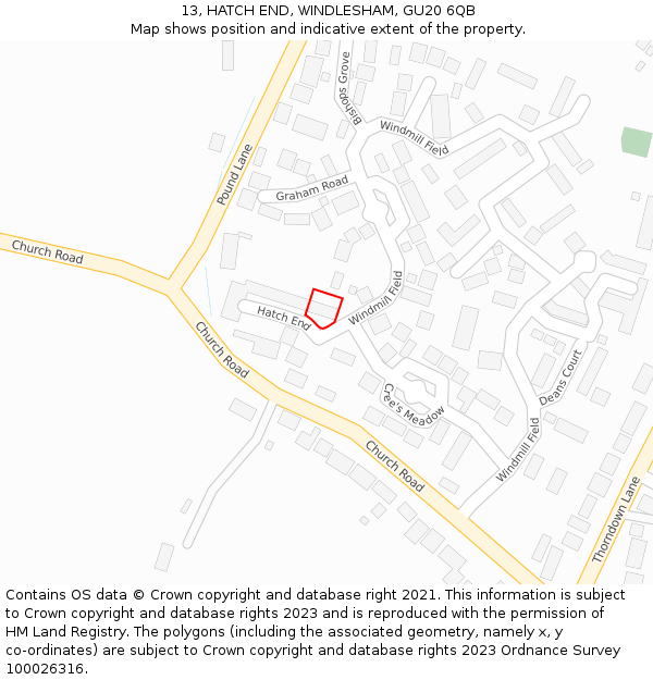 13, HATCH END, WINDLESHAM, GU20 6QB: Location map and indicative extent of plot