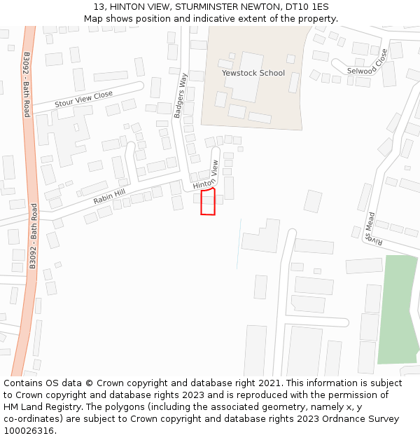 13, HINTON VIEW, STURMINSTER NEWTON, DT10 1ES: Location map and indicative extent of plot