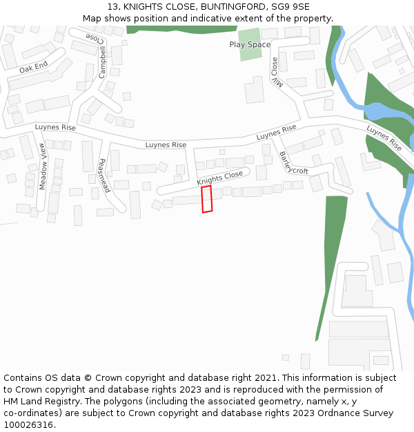 13, KNIGHTS CLOSE, BUNTINGFORD, SG9 9SE: Location map and indicative extent of plot