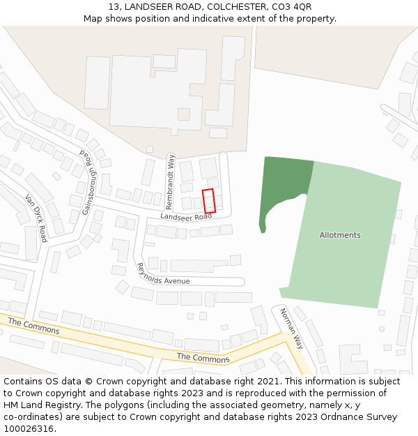 13, LANDSEER ROAD, COLCHESTER, CO3 4QR: Location map and indicative extent of plot