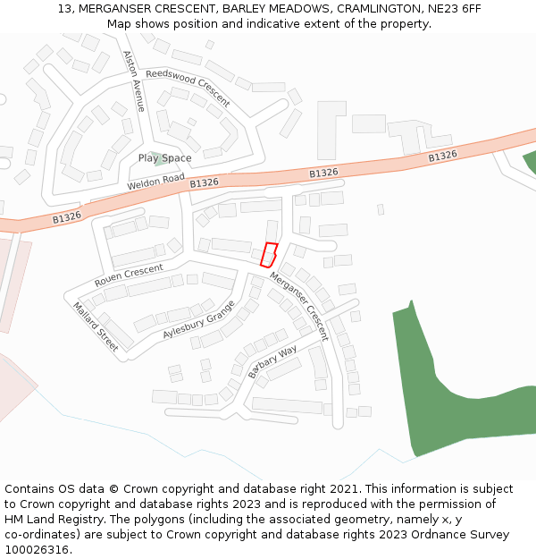 13, MERGANSER CRESCENT, BARLEY MEADOWS, CRAMLINGTON, NE23 6FF: Location map and indicative extent of plot