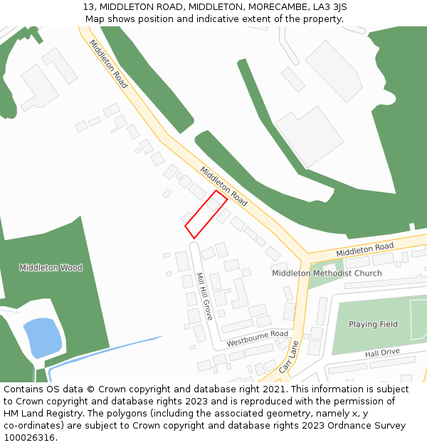 13, MIDDLETON ROAD, MIDDLETON, MORECAMBE, LA3 3JS: Location map and indicative extent of plot