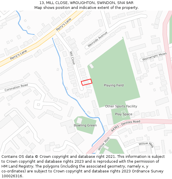 13, MILL CLOSE, WROUGHTON, SWINDON, SN4 9AR: Location map and indicative extent of plot