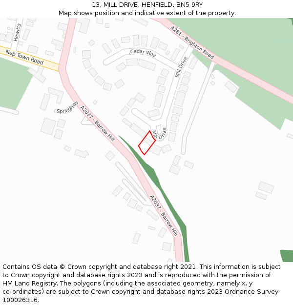 13, MILL DRIVE, HENFIELD, BN5 9RY: Location map and indicative extent of plot