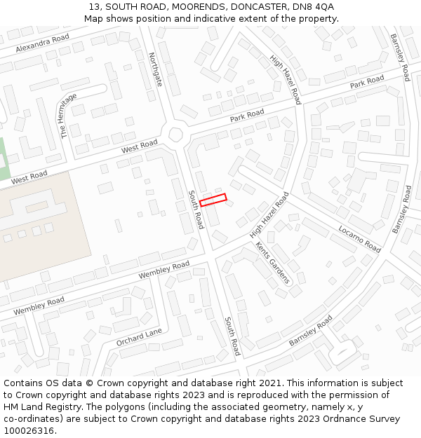 13, SOUTH ROAD, MOORENDS, DONCASTER, DN8 4QA: Location map and indicative extent of plot