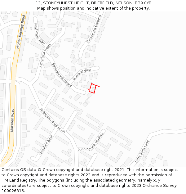 13, STONEYHURST HEIGHT, BRIERFIELD, NELSON, BB9 0YB: Location map and indicative extent of plot