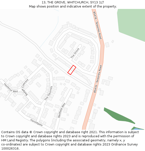 13, THE GROVE, WHITCHURCH, SY13 1LT: Location map and indicative extent of plot