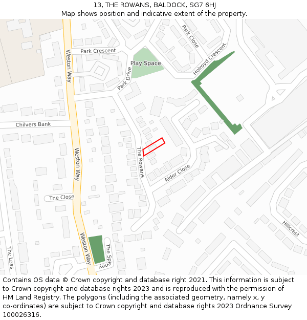 13, THE ROWANS, BALDOCK, SG7 6HJ: Location map and indicative extent of plot