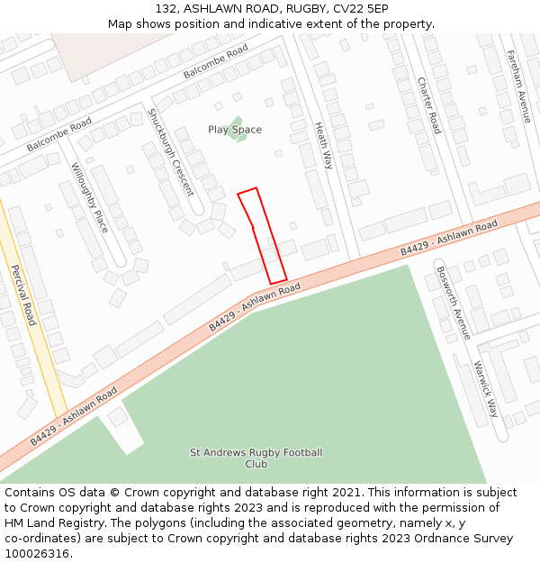 132, ASHLAWN ROAD, RUGBY, CV22 5EP: Location map and indicative extent of plot