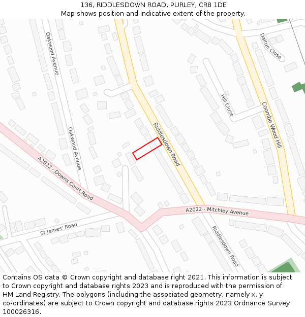 136, RIDDLESDOWN ROAD, PURLEY, CR8 1DE: Location map and indicative extent of plot