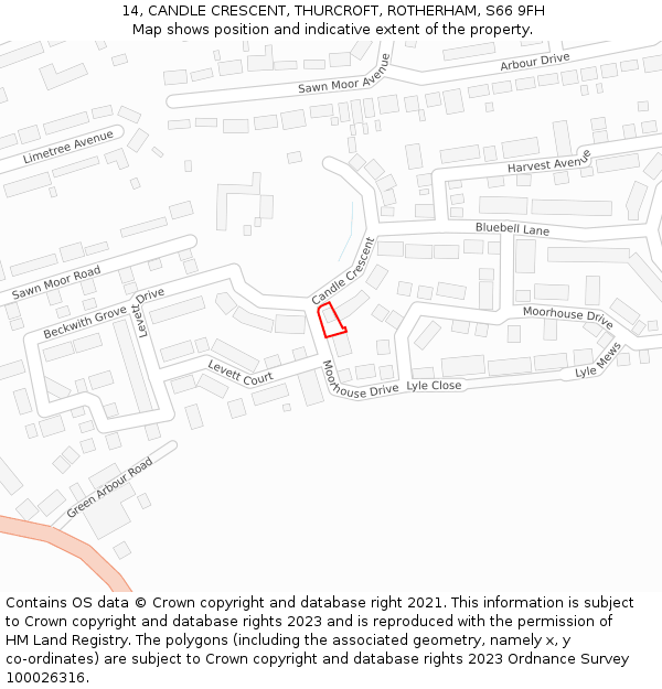 14, CANDLE CRESCENT, THURCROFT, ROTHERHAM, S66 9FH: Location map and indicative extent of plot