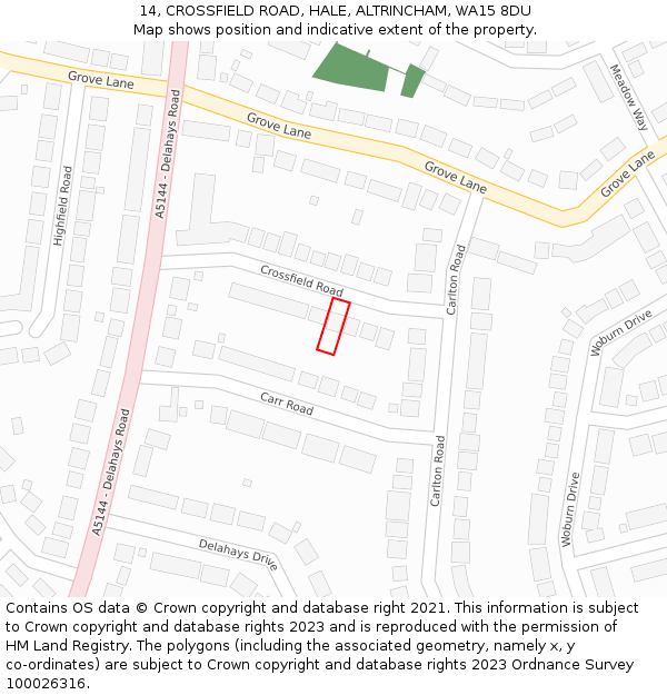 14, CROSSFIELD ROAD, HALE, ALTRINCHAM, WA15 8DU: Location map and indicative extent of plot