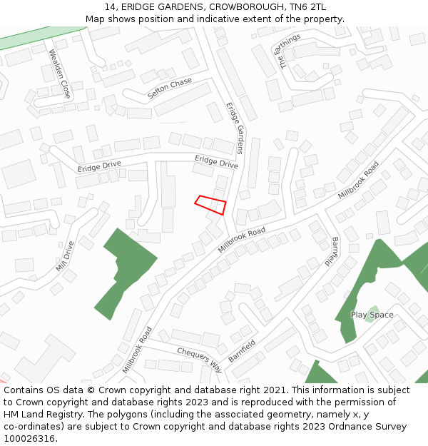 14, ERIDGE GARDENS, CROWBOROUGH, TN6 2TL: Location map and indicative extent of plot