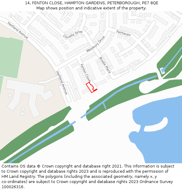 14, FENTON CLOSE, HAMPTON GARDENS, PETERBOROUGH, PE7 8QE: Location map and indicative extent of plot