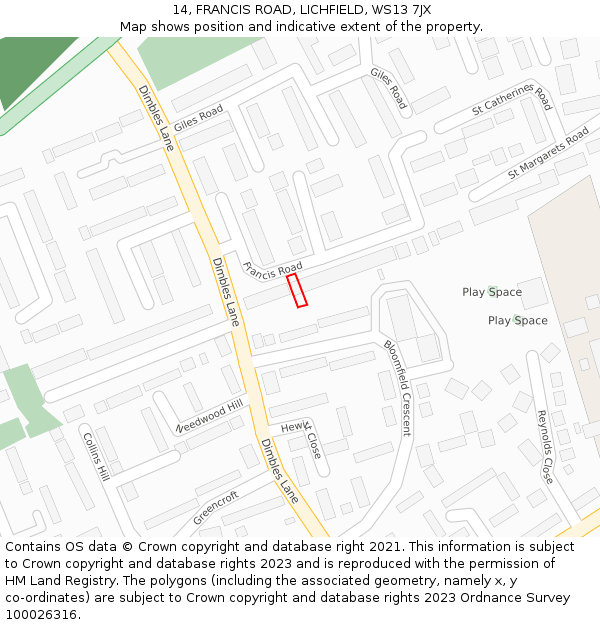 14, FRANCIS ROAD, LICHFIELD, WS13 7JX: Location map and indicative extent of plot