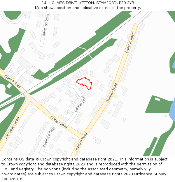 14, HOLMES DRIVE, KETTON, STAMFORD, PE9 3YB: Location map and indicative extent of plot