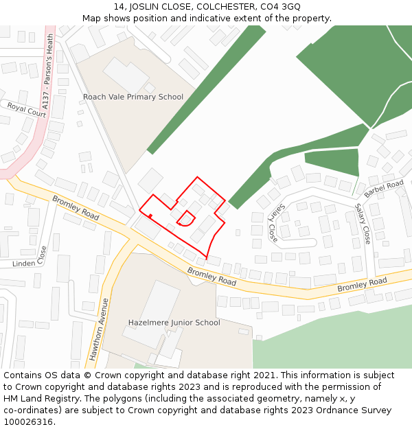 14, JOSLIN CLOSE, COLCHESTER, CO4 3GQ: Location map and indicative extent of plot