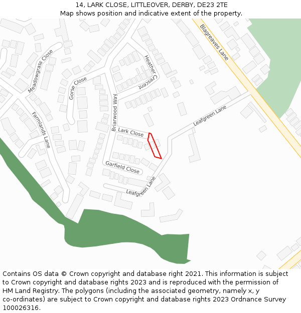 14, LARK CLOSE, LITTLEOVER, DERBY, DE23 2TE: Location map and indicative extent of plot