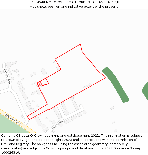 14, LAWRENCE CLOSE, SMALLFORD, ST ALBANS, AL4 0JB: Location map and indicative extent of plot