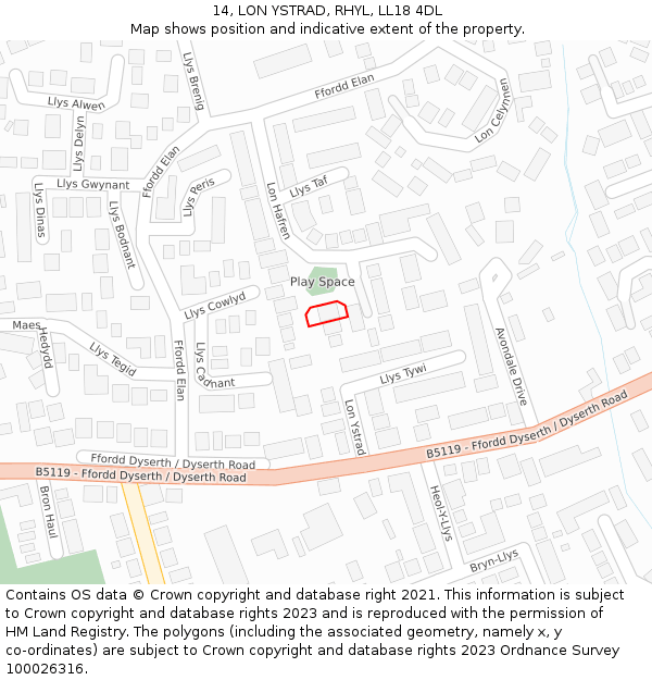 14, LON YSTRAD, RHYL, LL18 4DL: Location map and indicative extent of plot