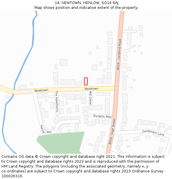 14, NEWTOWN, HENLOW, SG16 6AJ: Location map and indicative extent of plot