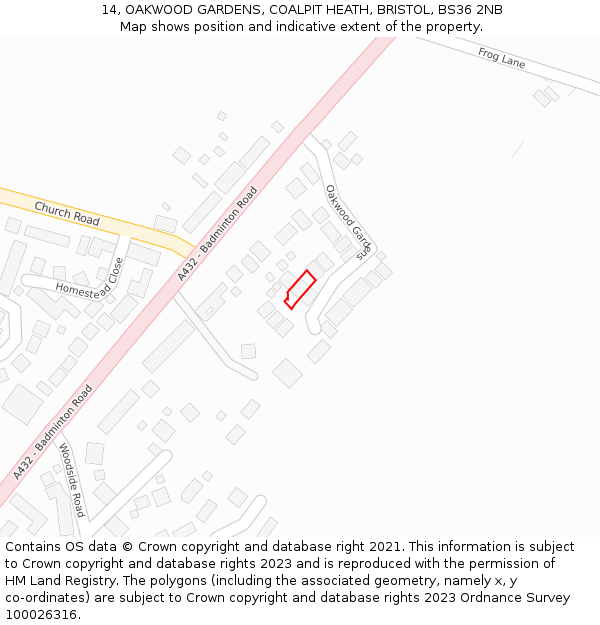 14, OAKWOOD GARDENS, COALPIT HEATH, BRISTOL, BS36 2NB: Location map and indicative extent of plot