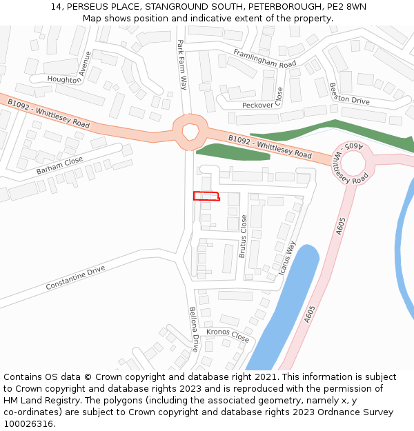 14, PERSEUS PLACE, STANGROUND SOUTH, PETERBOROUGH, PE2 8WN: Location map and indicative extent of plot