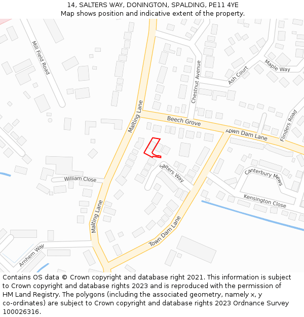 14, SALTERS WAY, DONINGTON, SPALDING, PE11 4YE: Location map and indicative extent of plot