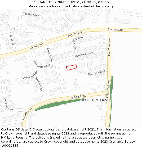 14, STANSFIELD DRIVE, EUXTON, CHORLEY, PR7 6QH: Location map and indicative extent of plot