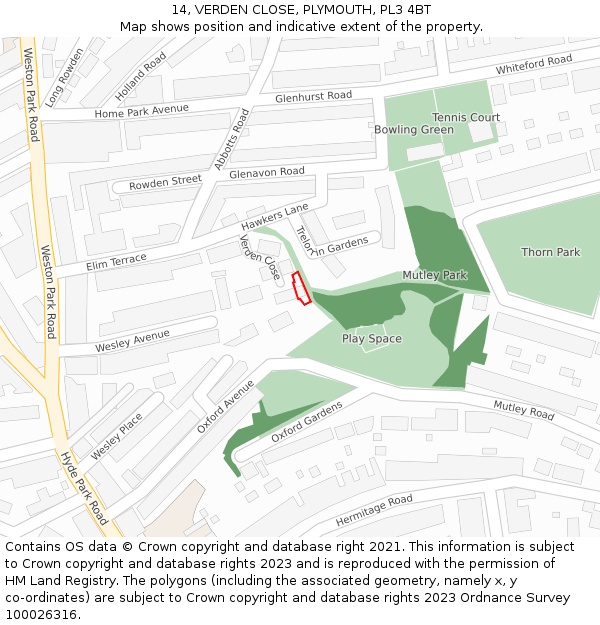 14, VERDEN CLOSE, PLYMOUTH, PL3 4BT: Location map and indicative extent of plot