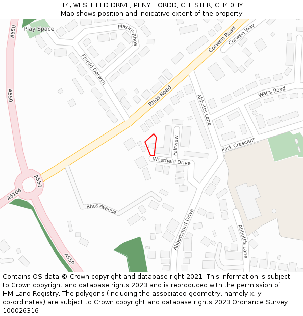 14, WESTFIELD DRIVE, PENYFFORDD, CHESTER, CH4 0HY: Location map and indicative extent of plot