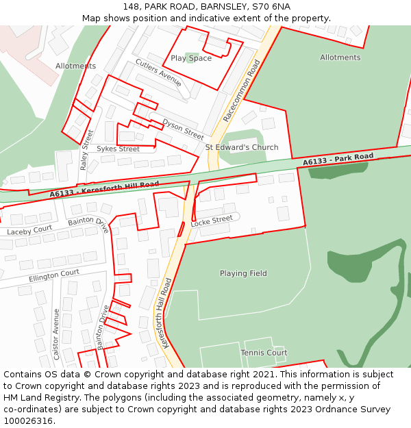 148, PARK ROAD, BARNSLEY, S70 6NA: Location map and indicative extent of plot