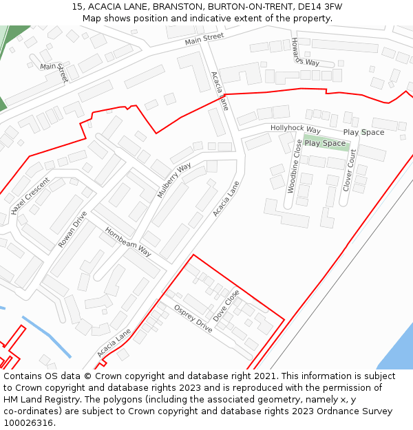 15, ACACIA LANE, BRANSTON, BURTON-ON-TRENT, DE14 3FW: Location map and indicative extent of plot