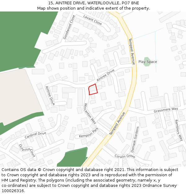 15, AINTREE DRIVE, WATERLOOVILLE, PO7 8NE: Location map and indicative extent of plot