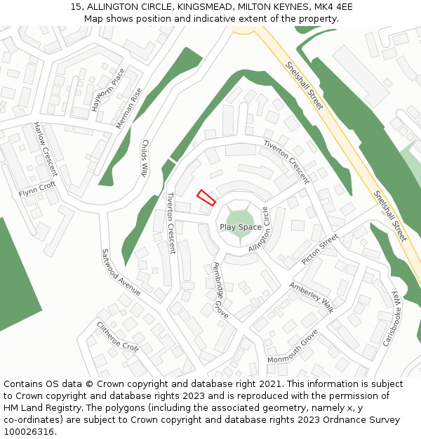 15, ALLINGTON CIRCLE, KINGSMEAD, MILTON KEYNES, MK4 4EE: Location map and indicative extent of plot