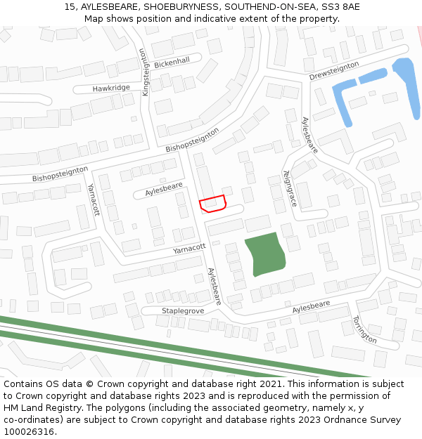 15, AYLESBEARE, SHOEBURYNESS, SOUTHEND-ON-SEA, SS3 8AE: Location map and indicative extent of plot