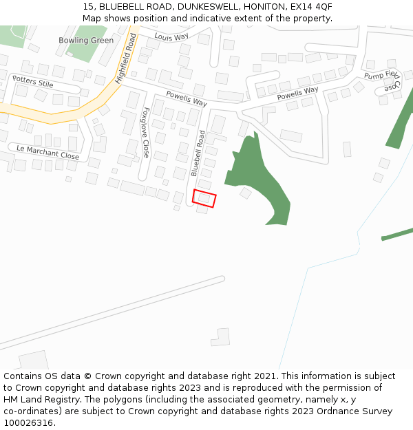 15, BLUEBELL ROAD, DUNKESWELL, HONITON, EX14 4QF: Location map and indicative extent of plot