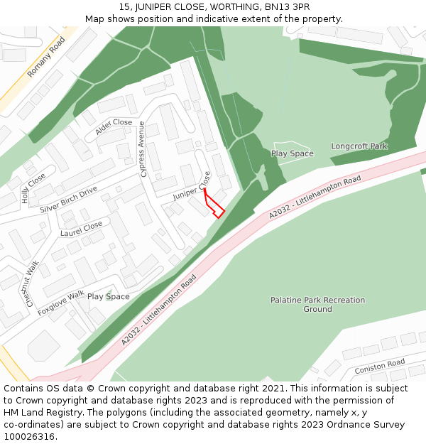 15, JUNIPER CLOSE, WORTHING, BN13 3PR: Location map and indicative extent of plot